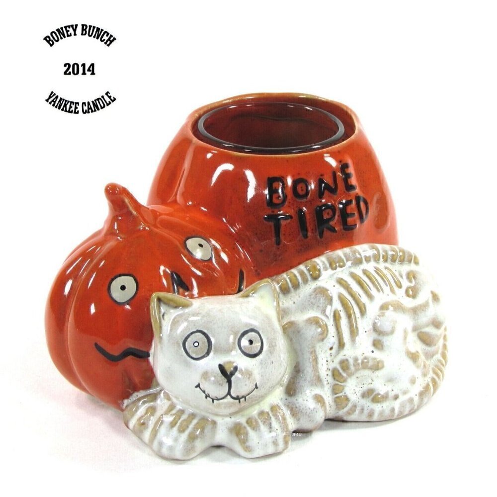Yankee Candle Boney Bunch Bone Tired Cat Pumpkin Votive Holder 2014 Halloween